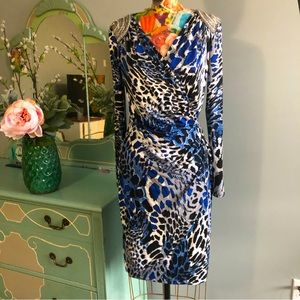 Cache Blue Leopard Vegas Long Sleeve Dress -Size Small